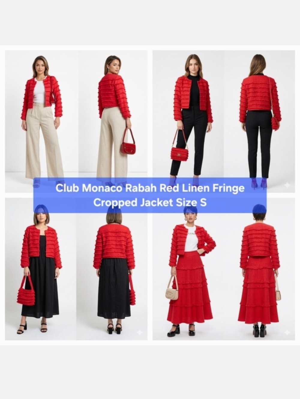 Club Monaco Red Rabah Fringed Linen Crop Jacket Size S